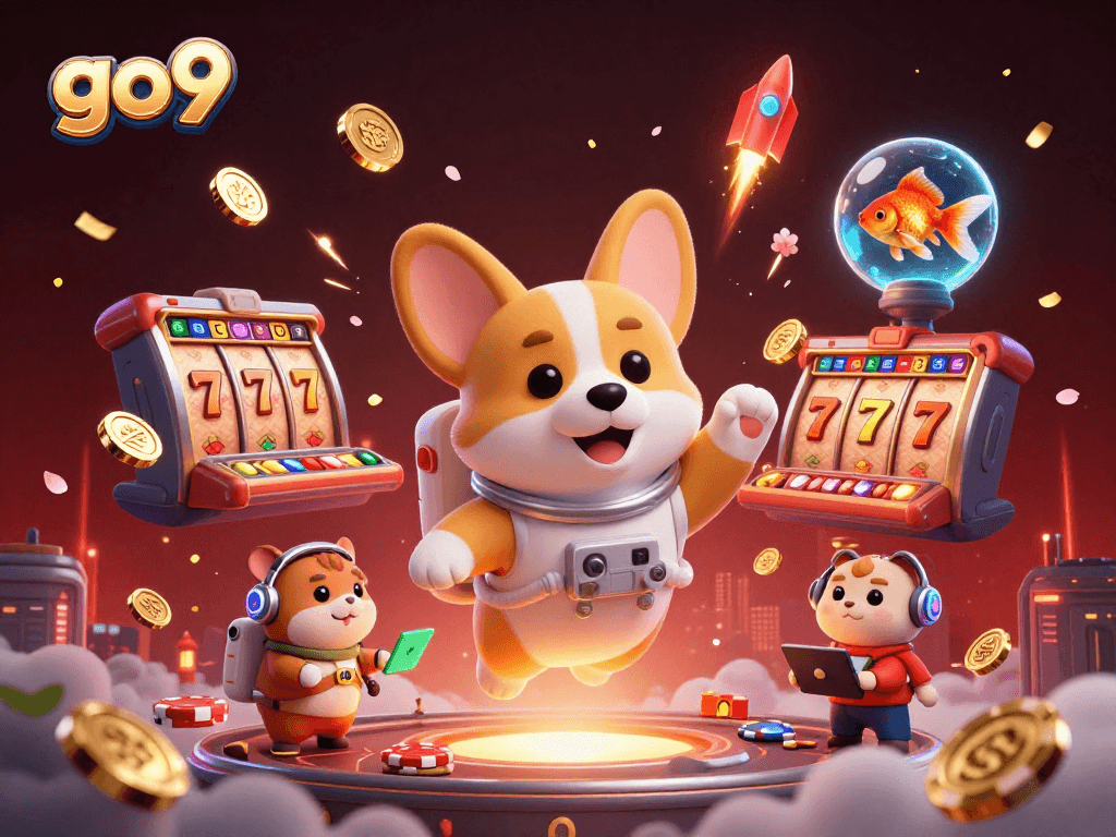 Experience the thrilling action of go9 with a playful astronaut corgi and vibrant casino elements.