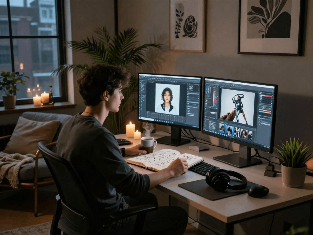 Creative workspace featuring nsfw art design elements, cozy and stylish atmosphere.