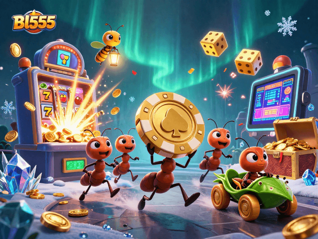 Engage in thrilling gameplay at Bl555 with a heist scene of adorable ants and a vibrant casino backdrop.