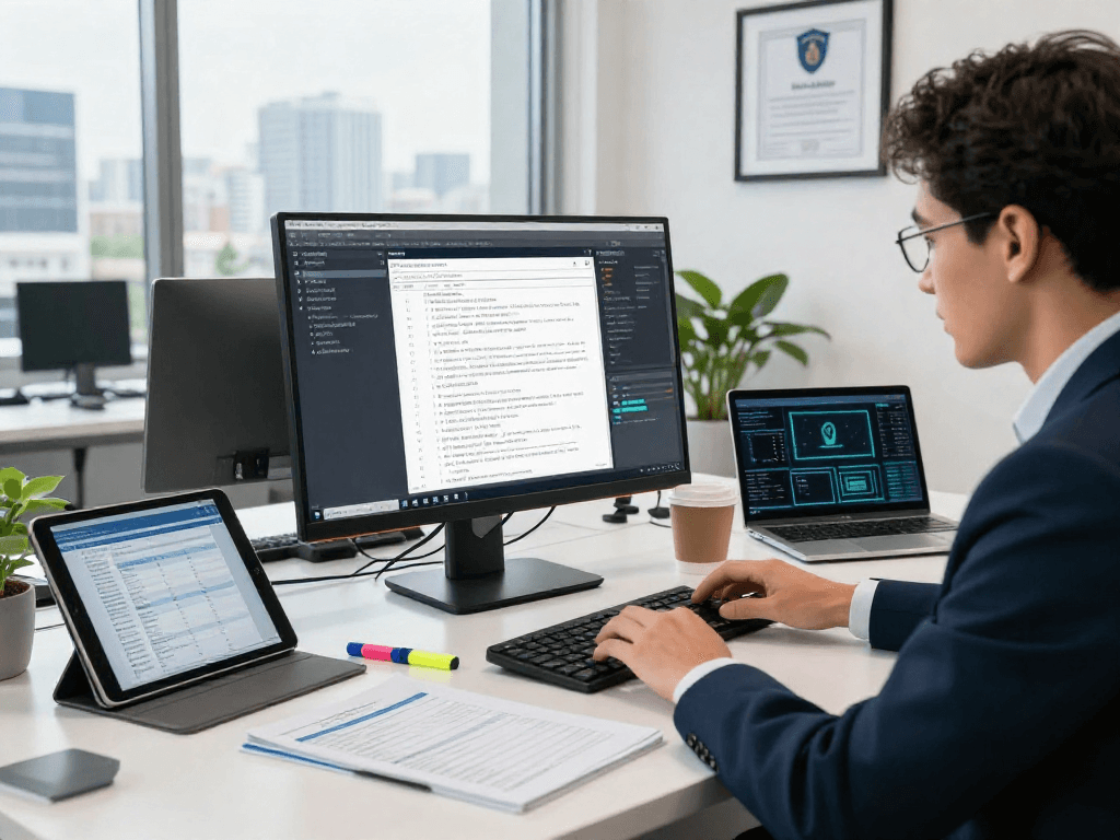 Essential document fraud detection analysis in a modern office with IT specialist and advanced software.