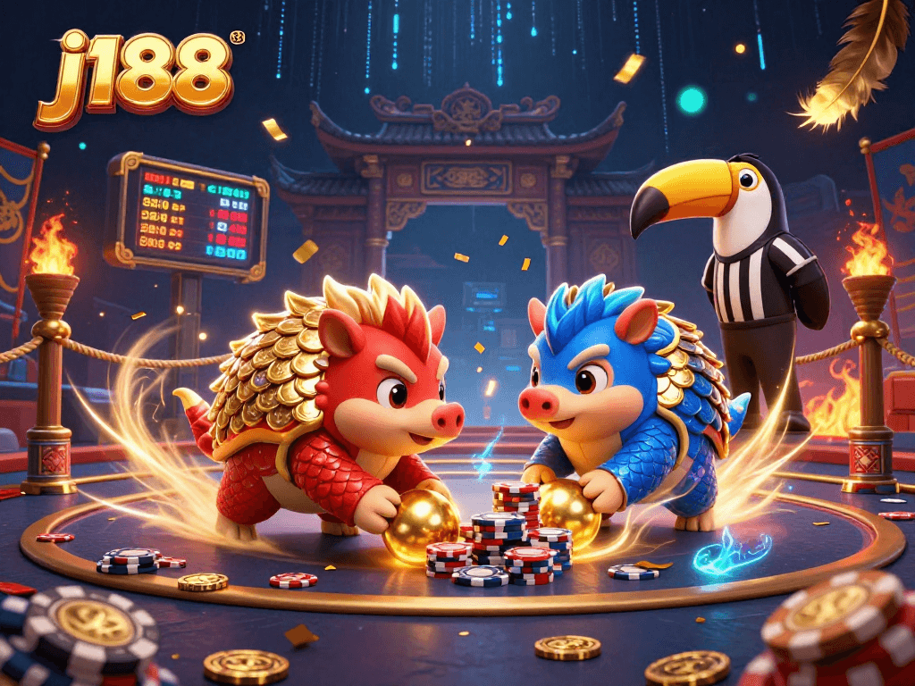 Join the j188 pangolins as they roll through poker chips, celebrating thrilling casino action!