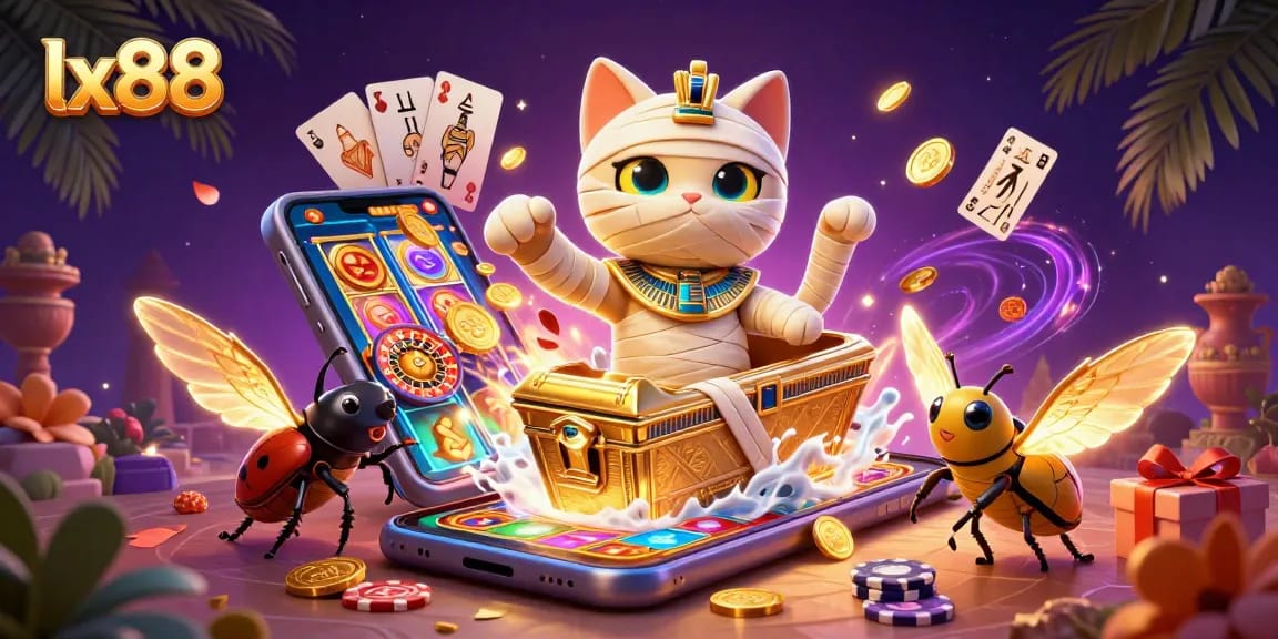 Experience the thrill of lx88 with a lively casino scene featuring a mummy cat, glowing scarab, and exciting games.