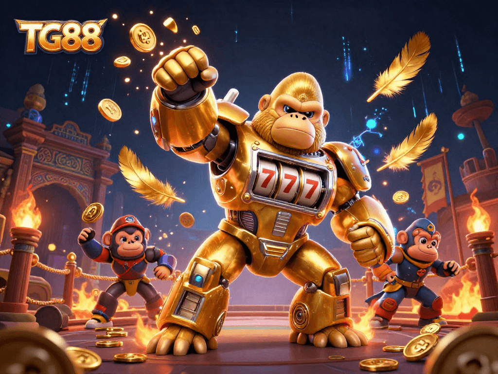 Experience fast-paced gaming at TG88 with a thrilling 3D illustration featuring a golden gorilla mech.