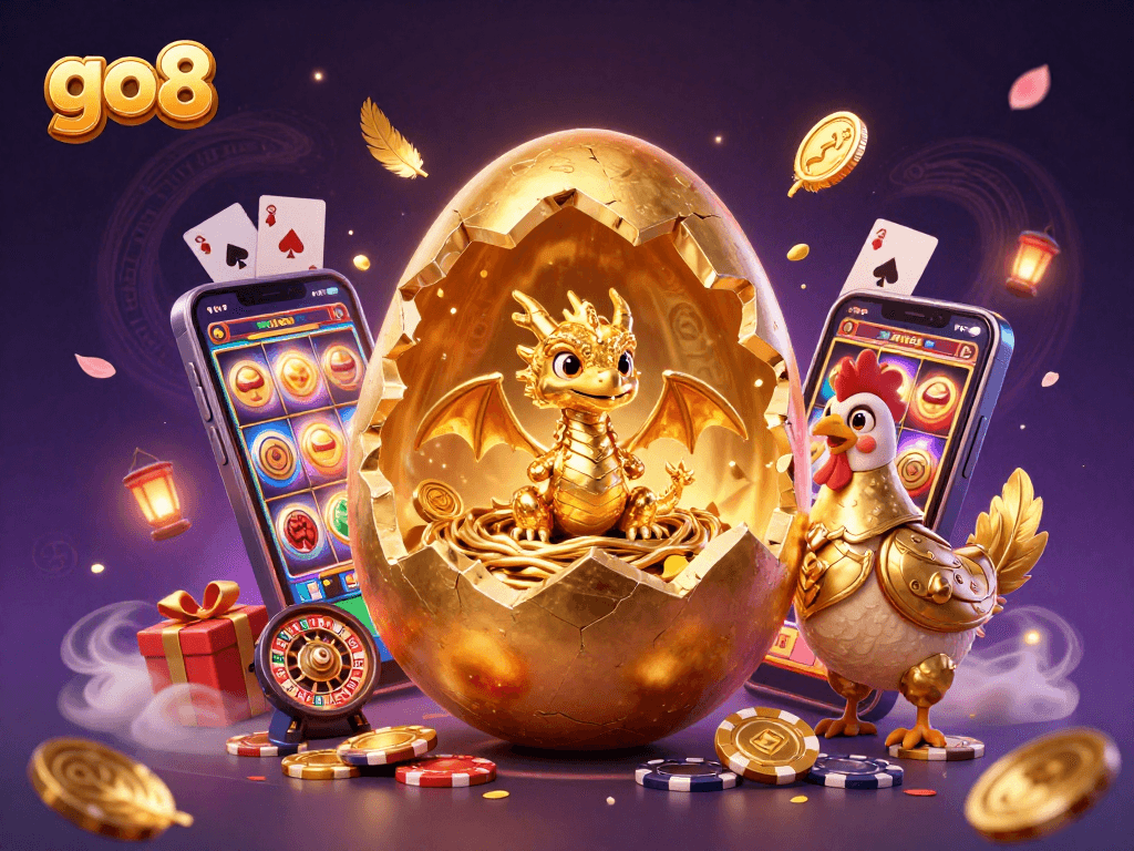 Experience thrilling wins with go8's captivating gaming scene featuring a golden dragon and poker chips.