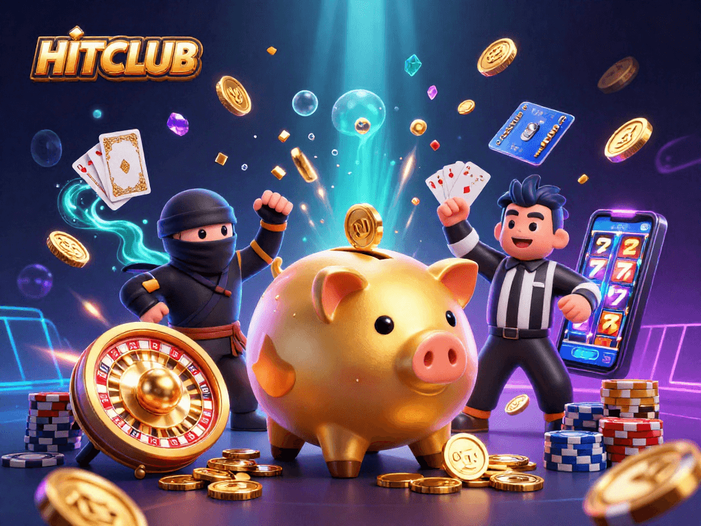 Experience the thrilling HITCLUB gaming action with vibrant characters and dynamic casino elements.