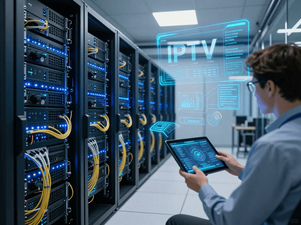 UK IPTV infrastructure with advanced server technology and digital monitoring systems for efficient streaming.