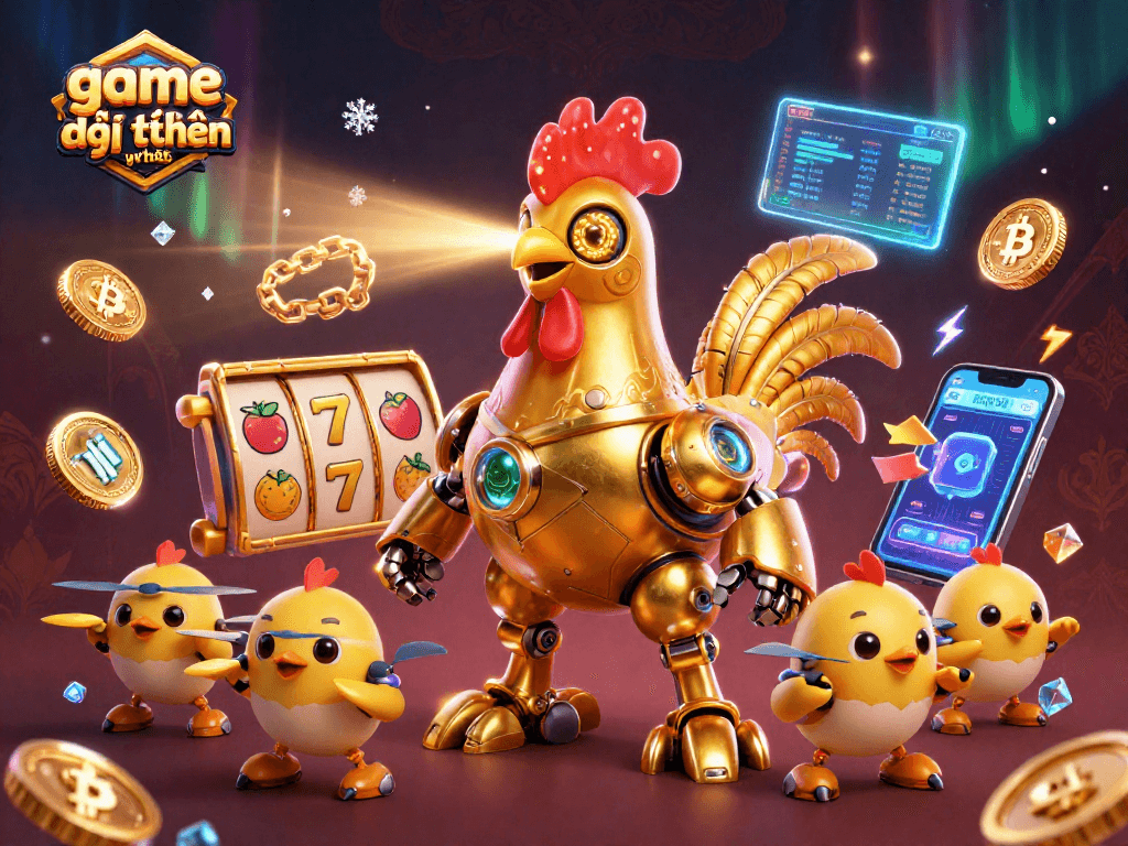 Experience the thrill of game đổi thưởng uy tín with a vibrant 3D casino scene featuring a golden rooster robot.