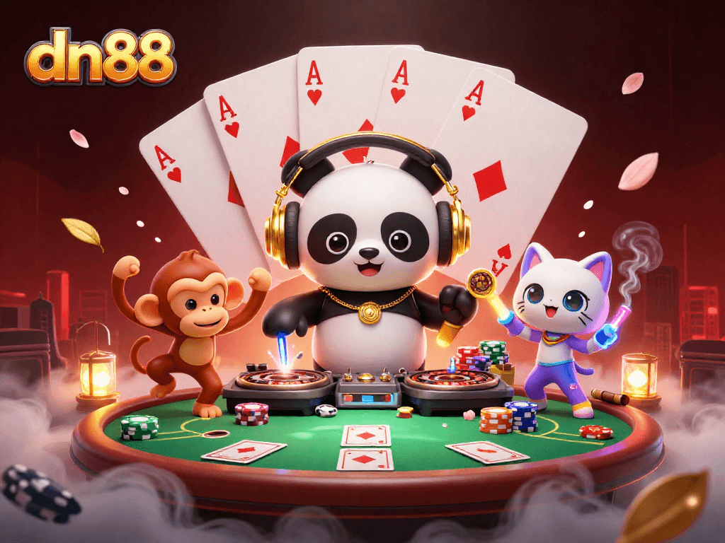Engage in exhilarating gambling action at dn88 with a DJ panda, breakdancing monkey, and rave kitten!