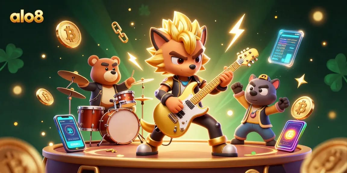Join the action at alo8 with thrilling guitar riffs from a rock star wolf amid casino excitement.