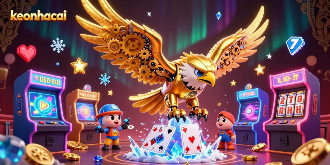 Experience the thrill of keonhacai with cybernetic eagle navigating holographic cards in this vibrant casino scene.