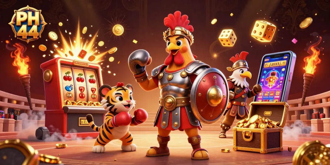 Experience the thrill of PH 44 with a dynamic 3D casino scene featuring a rooster gladiator, sparring tiger cub, and explosive jackpots.