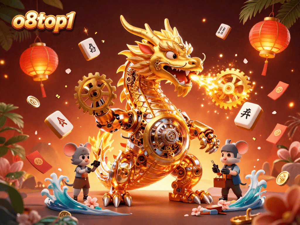 Experience o8top1 with a vibrant scene showcasing a golden dragon and game symbols for action.