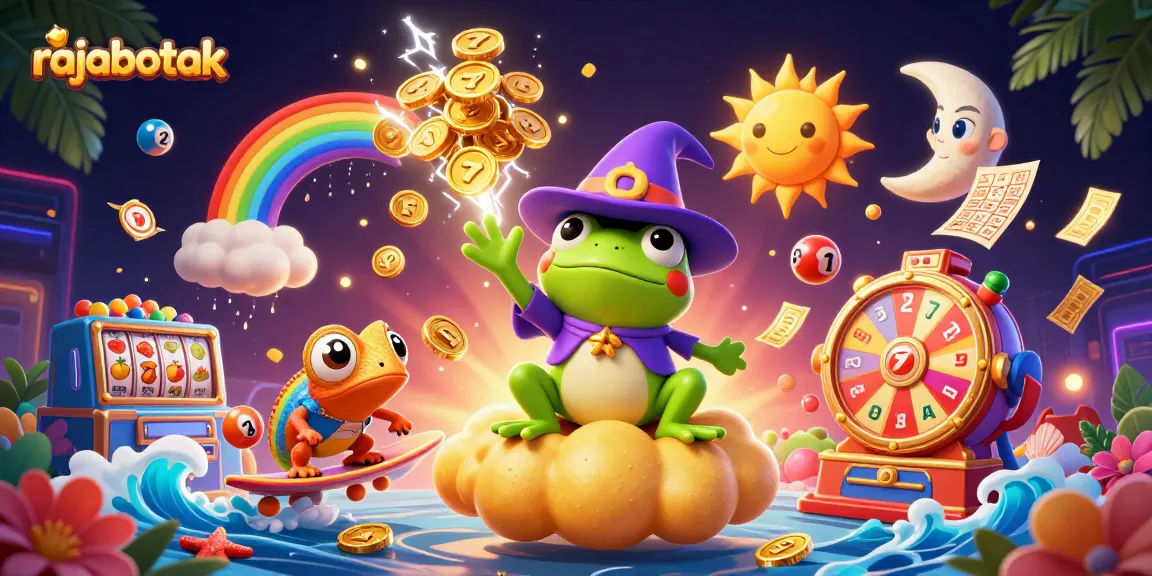 Experience rajabotak as a weather wizard frog creates a golden coin storm amid vibrant casino elements.