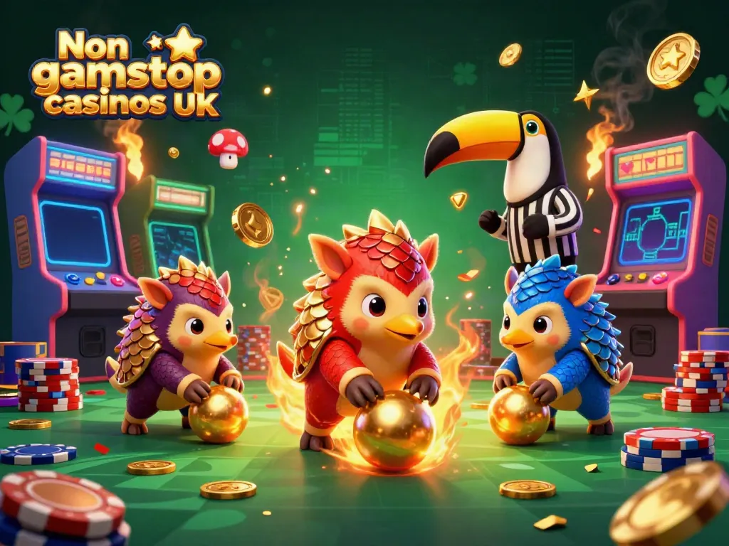 Engage with Non gamstop casinos UK through a vibrant 3D illustration of playful pangolins amidst a casino-themed scene.