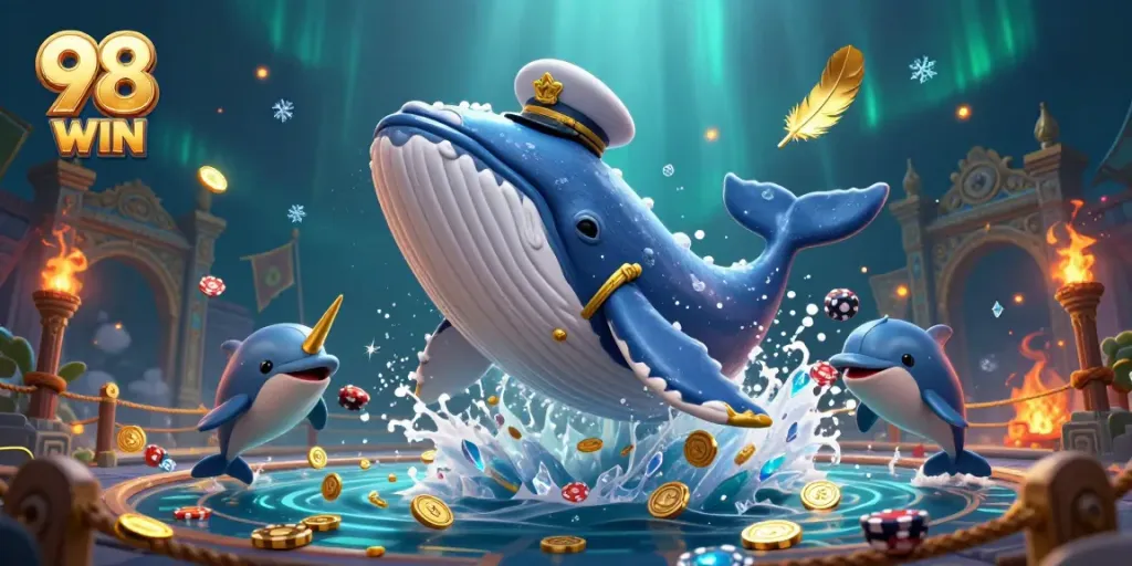 Engage in winning strategies and excitement at 98 WIN with a vibrant underwater casino scene featuring playful sea creatures.