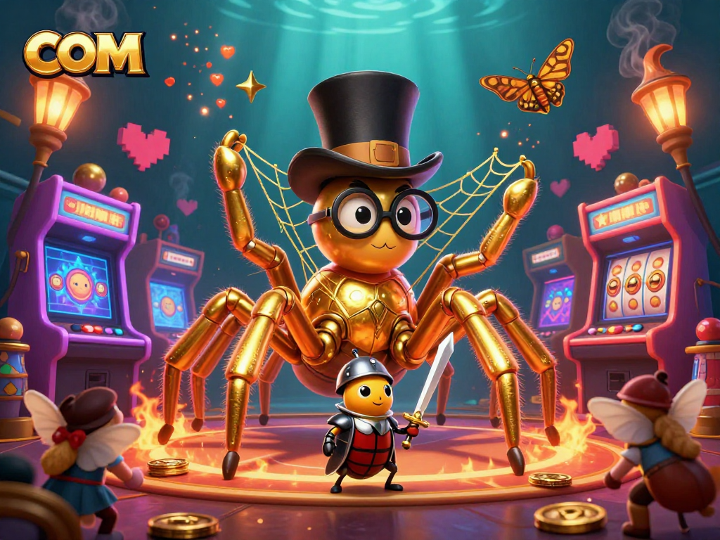 Engage with com at Z188, where a golden tarantula weaves excitement in a vibrant casino scene.