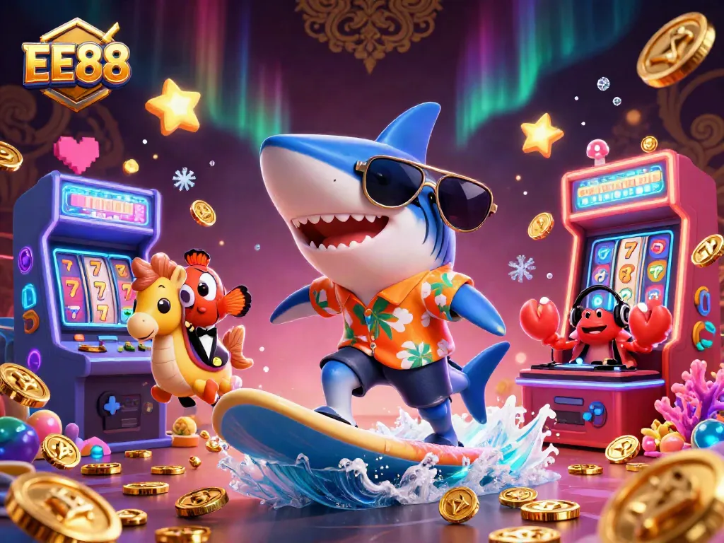 Experience thrilling gameplay with EE88 at a vibrant casino scene featuring a shark, clownfish, and crab.