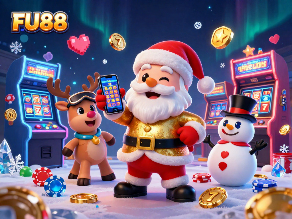 Join the excitement at FU88 with Santa and friends celebrating jackpot wins in a vibrant casino