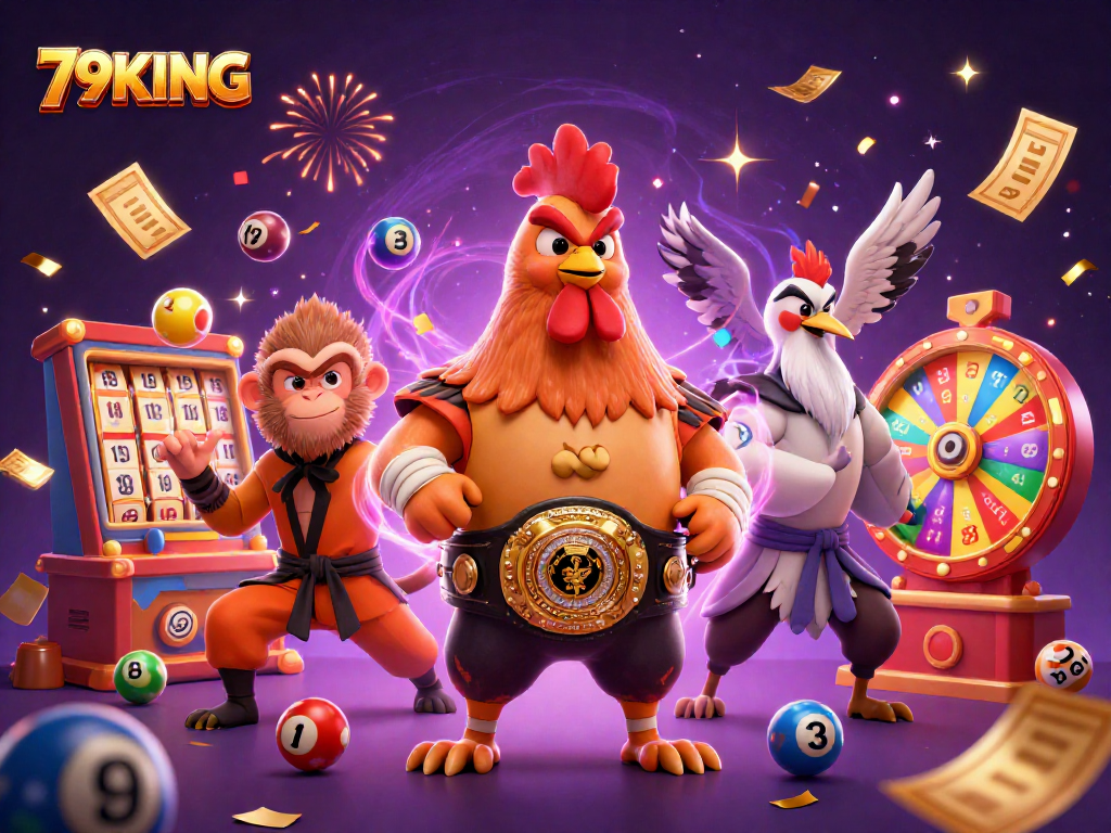Engage with vibrant 79KING casino action featuring a Muay Thai rooster, Shaolin monkey, and wise crane master.
