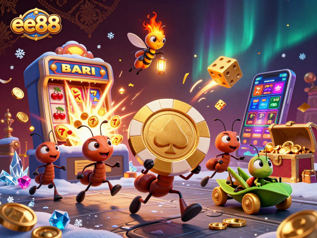 Experience the thrill of ee88 as ants execute a heist amidst a vibrant casino scene overflowing with golden treasures.