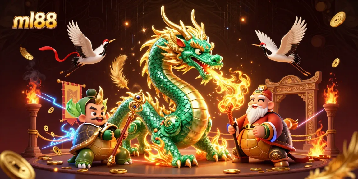 Engage with ml88's thrilling world, featuring a jade dragon and lucky cranes amid dynamic casino elements.