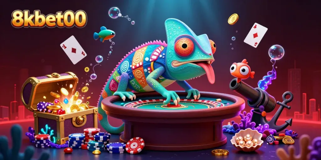 Engage with 8xbet00's exciting gameplay featuring a colorful chameleon casino owner amidst treasures and casino elements.