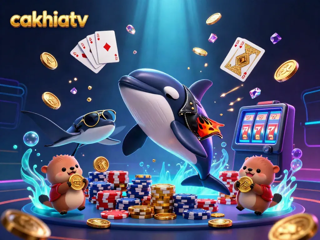 CakhiaTV brings excitement to online gambling with a dynamic underwater scene featuring animated characters and vibrant casino elements.