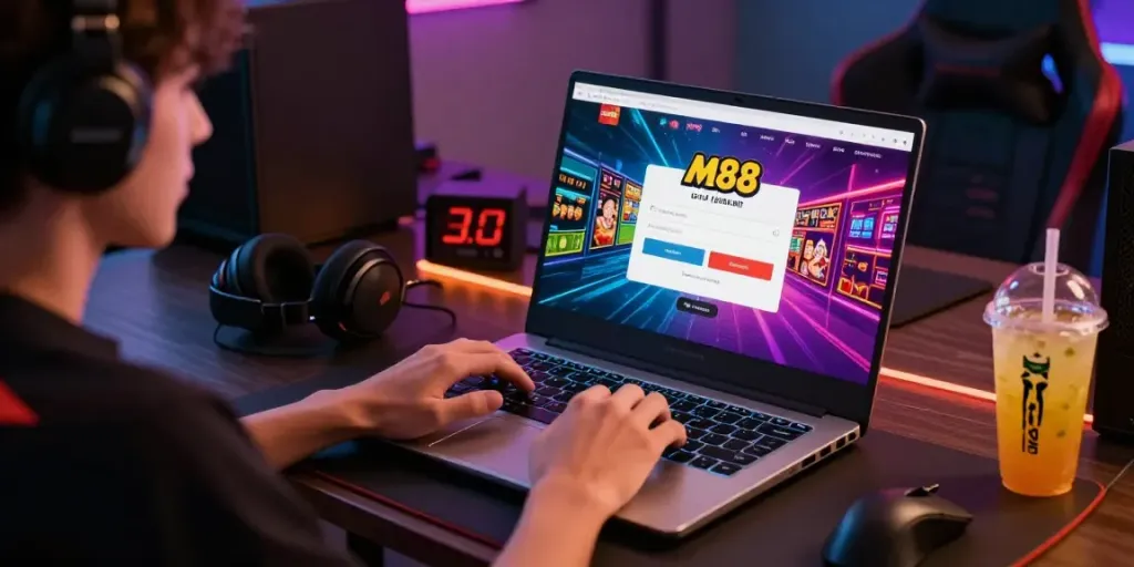M88 Login alternatif experience with user engaged in online gaming setup, glowing interface and colorful graphics.