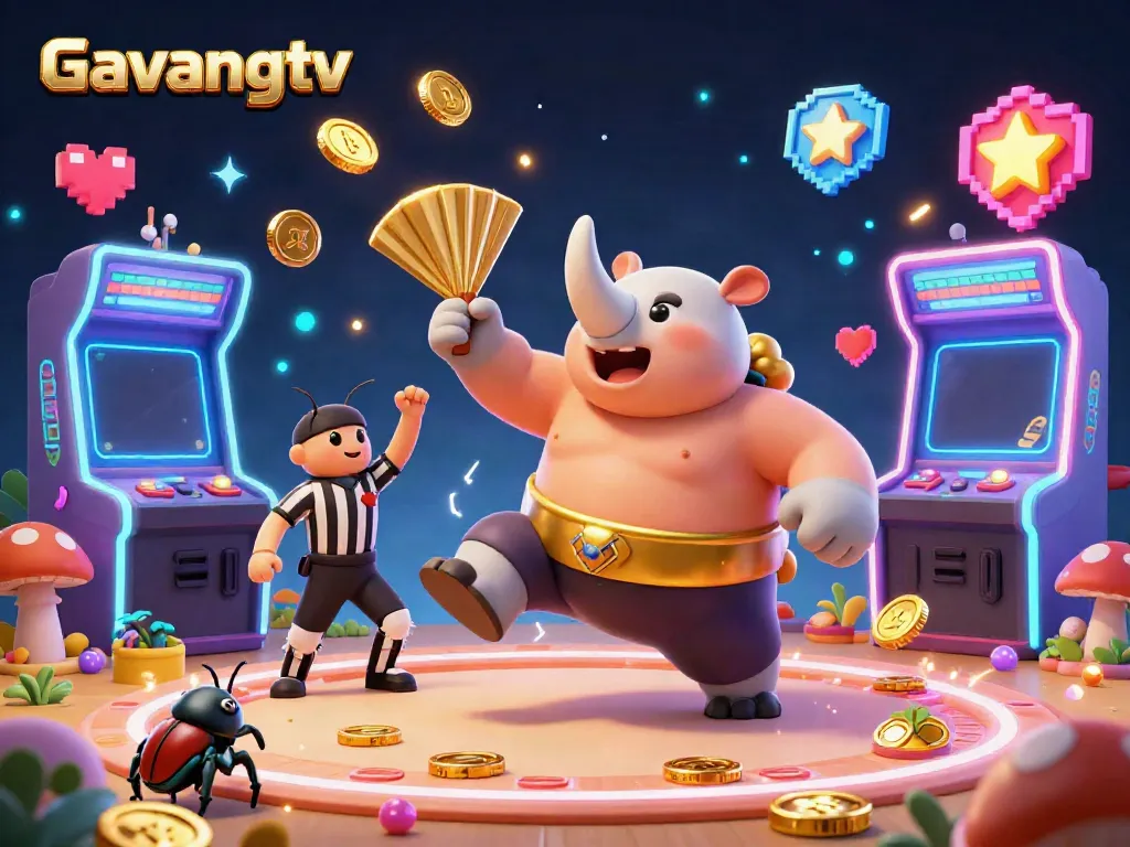 Gavangtv presents a vibrant 3D illustration of a rhinoceros beetle sumo champion in action, celebrating wins with flying coins.