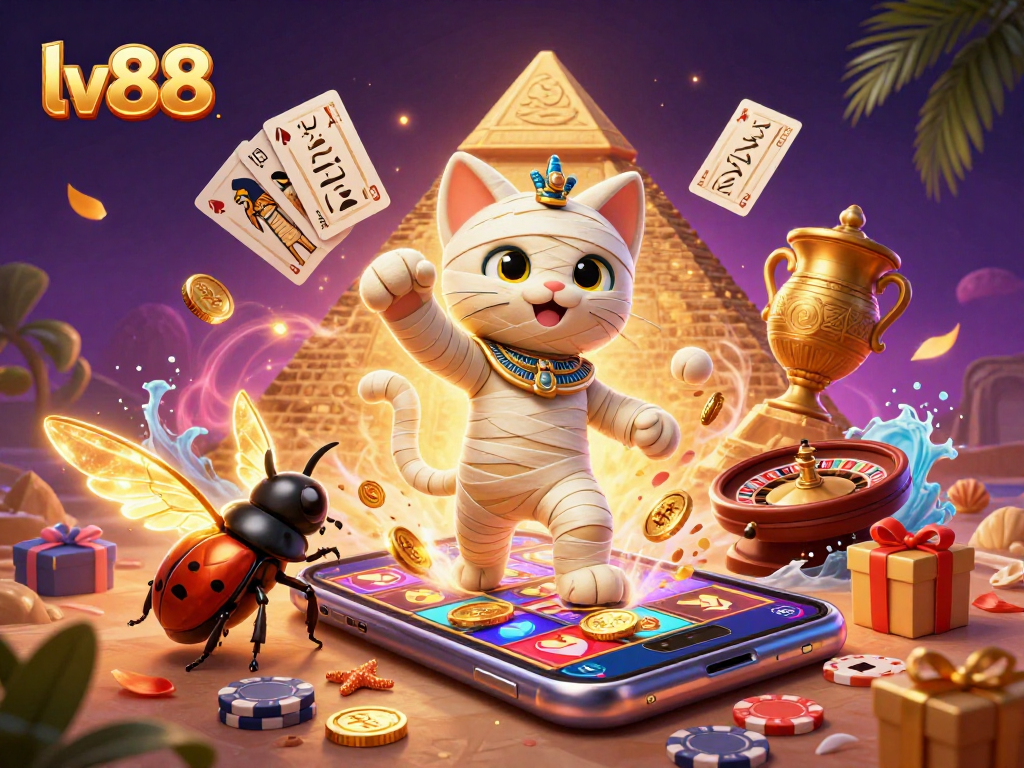 Play thrilling slot games with lv88 as the Egyptian mummy cat bursts from the sarcophagus in a vibrant casino.