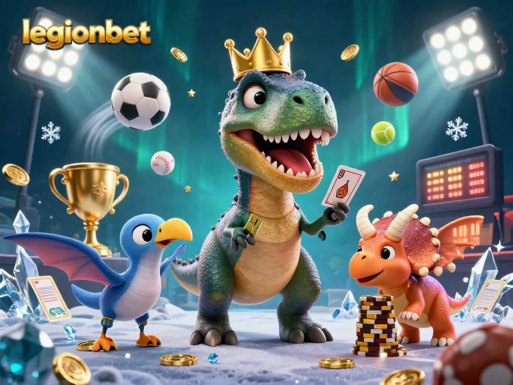 Engage with legionbet as a T-Rex shuffles cards while a baby triceratops stacks chips.