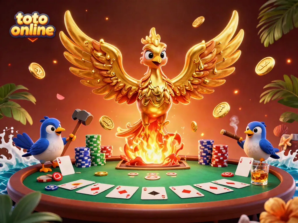 Engage in fun gambling experiences with the vibrant artwork of toto online showcasing a golden phoenix and poker elements.