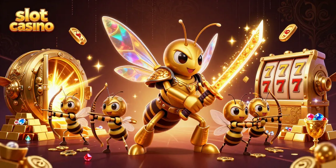 Experience the thrill of a slot casino adventure with a golden hornet and treasure.