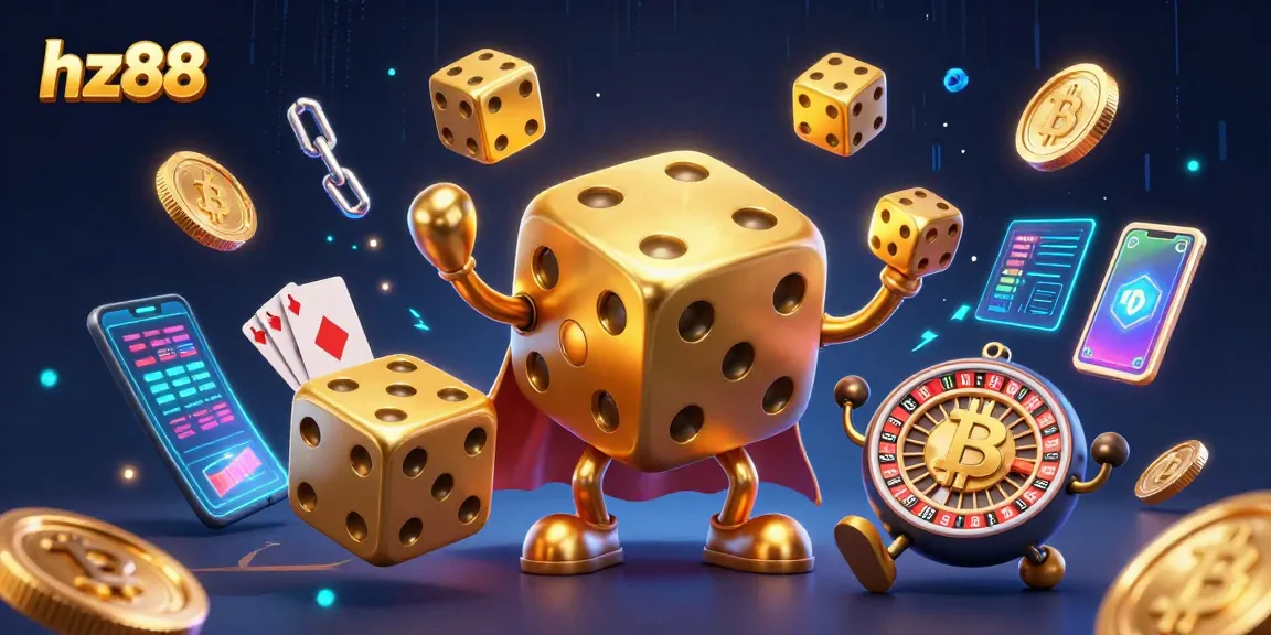 Engage with hz88's dynamic casino experience featuring 3D golden dice and crypto elements.