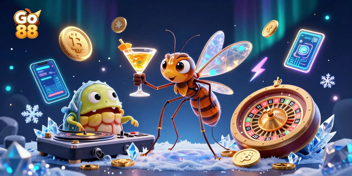 Engage with Go 88's casino experience featuring an animated mosquito mascot, golden roulette wheel, and vibrant crypto elements.