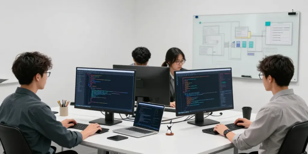 Web application vulnerability assessment team collaborating in a high-tech space.