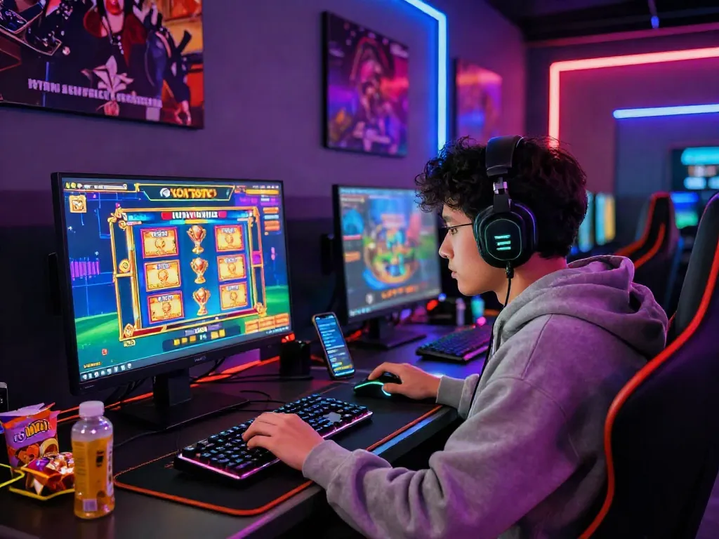 Engaged gamer focused on KOITOTO slots online, enjoying vibrant visuals and immersive atmosphere.
