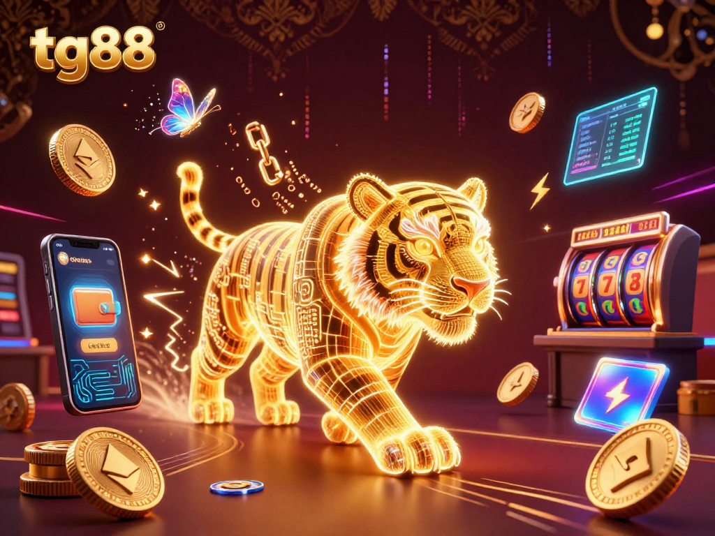 Engage with tg88's vibrant 3D casino world featuring a neon tiger and crypto elements.