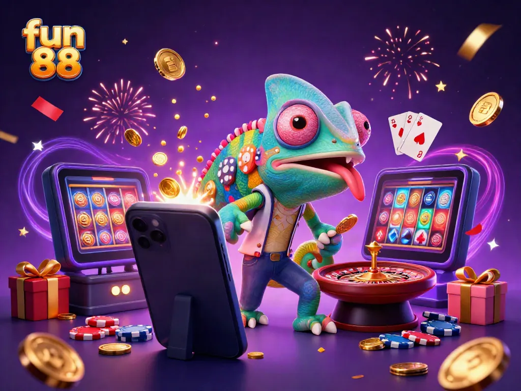 Experience the excitement at fun 88 with a colorful casino scene featuring a chameleon owner and dynamic gaming elements.