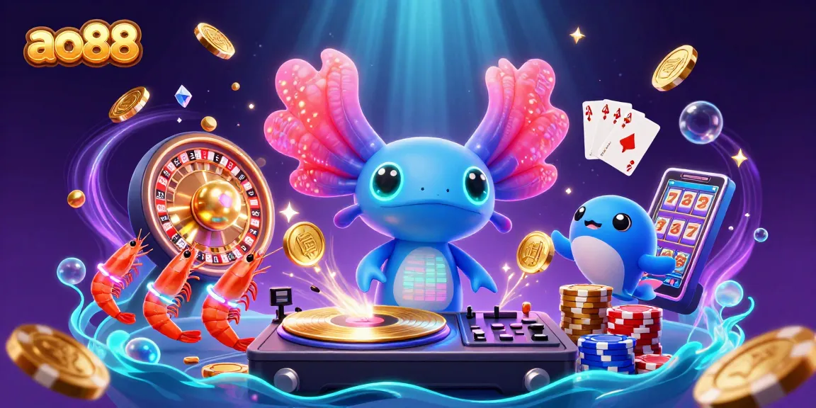 Experience ao88's vibrant gaming scene with a neon axolotl DJ, captivating players with golden coins and excitement.