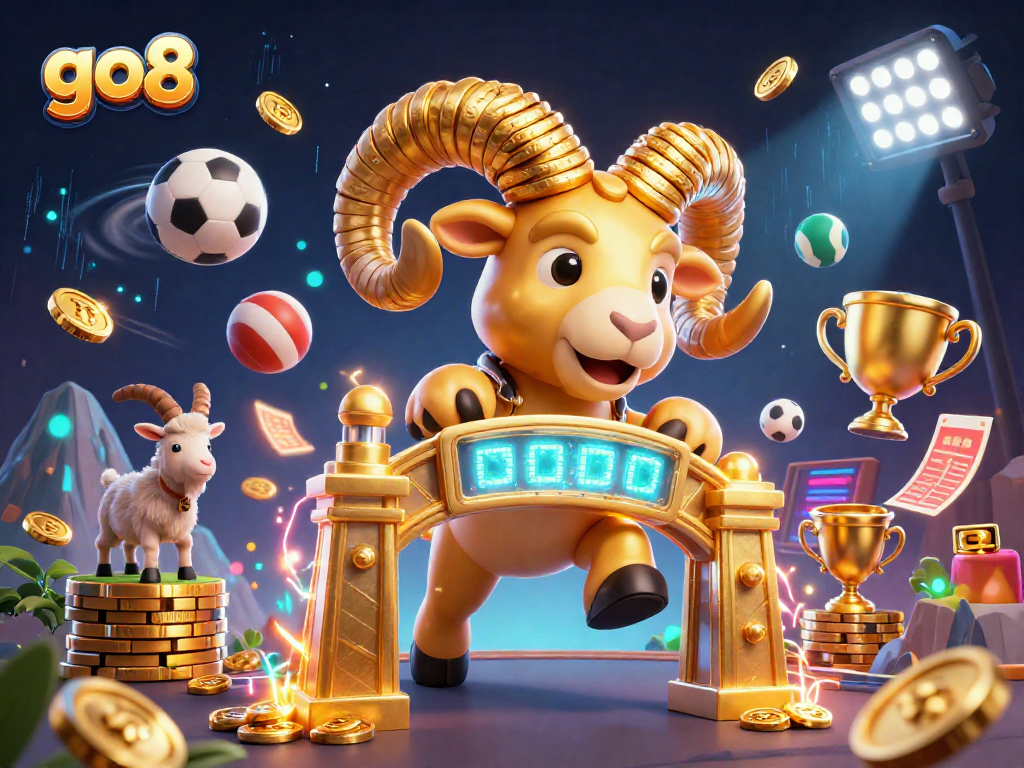 Engage with go8's thrilling gameplay featuring a golden ram charging through a vibrant casino scene.