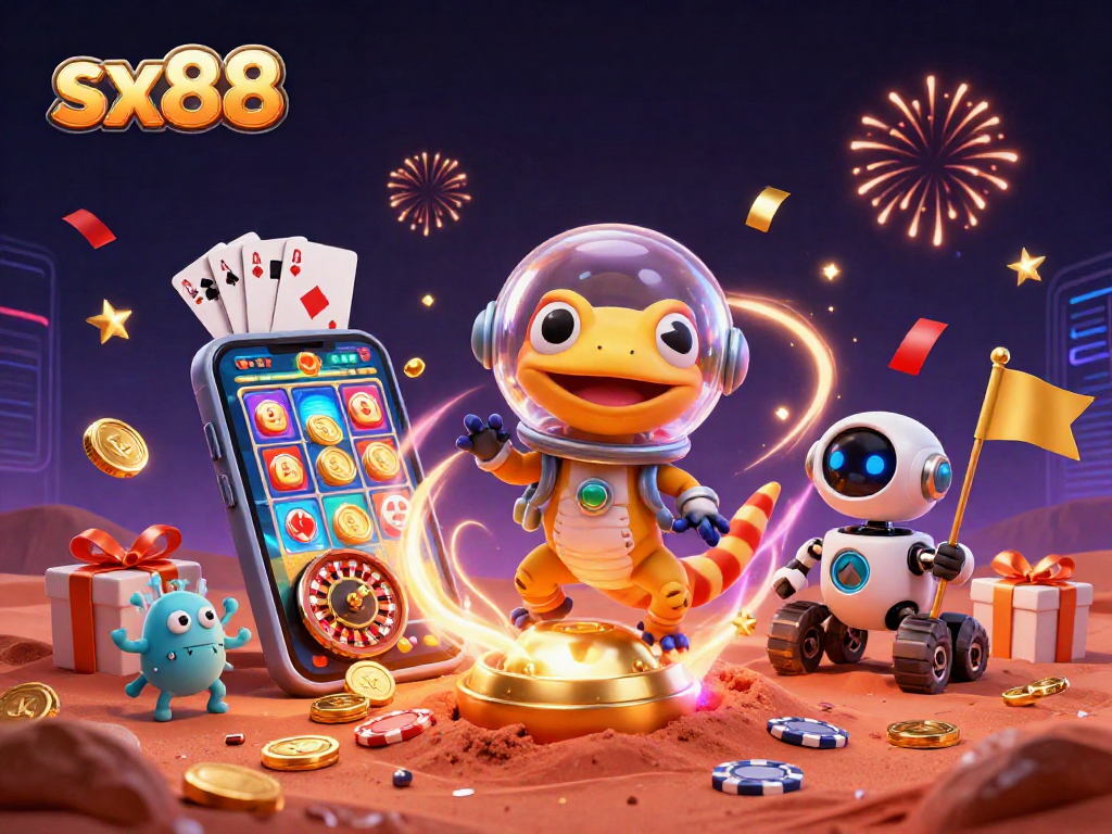 Experience thrilling action at sx88 with a vibrant scene of Martian gecko discovering a golden casino!