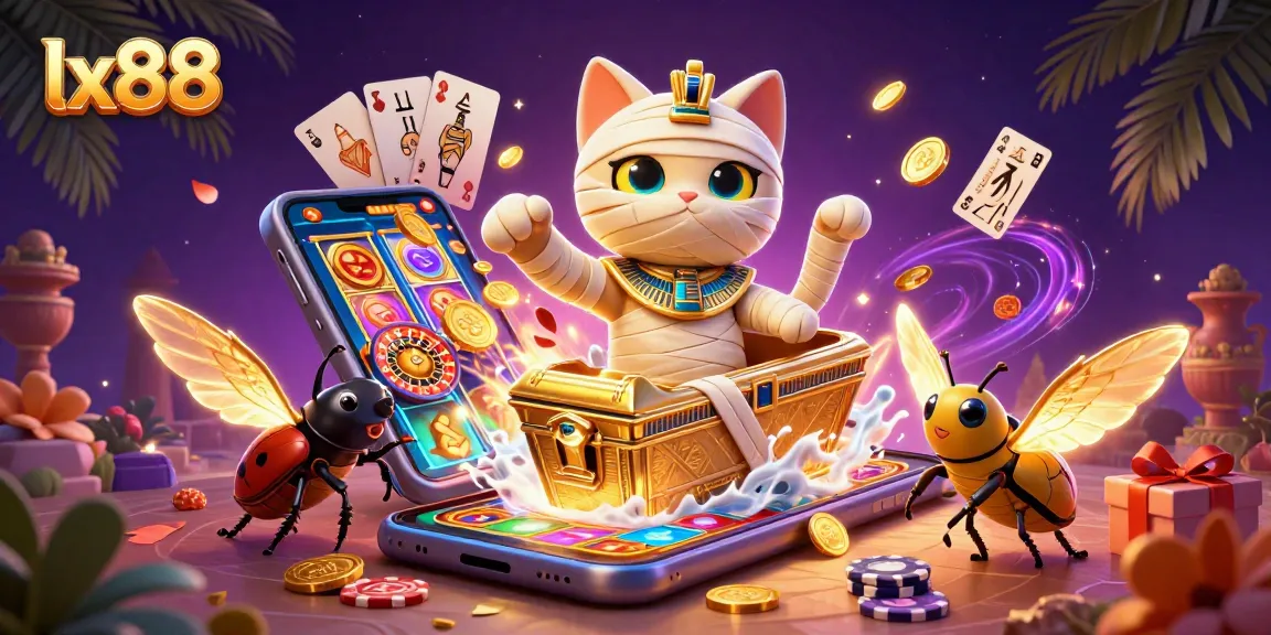 Experience the thrill of lx88 with a lively casino scene featuring a mummy cat, glowing scarab, and exciting games.