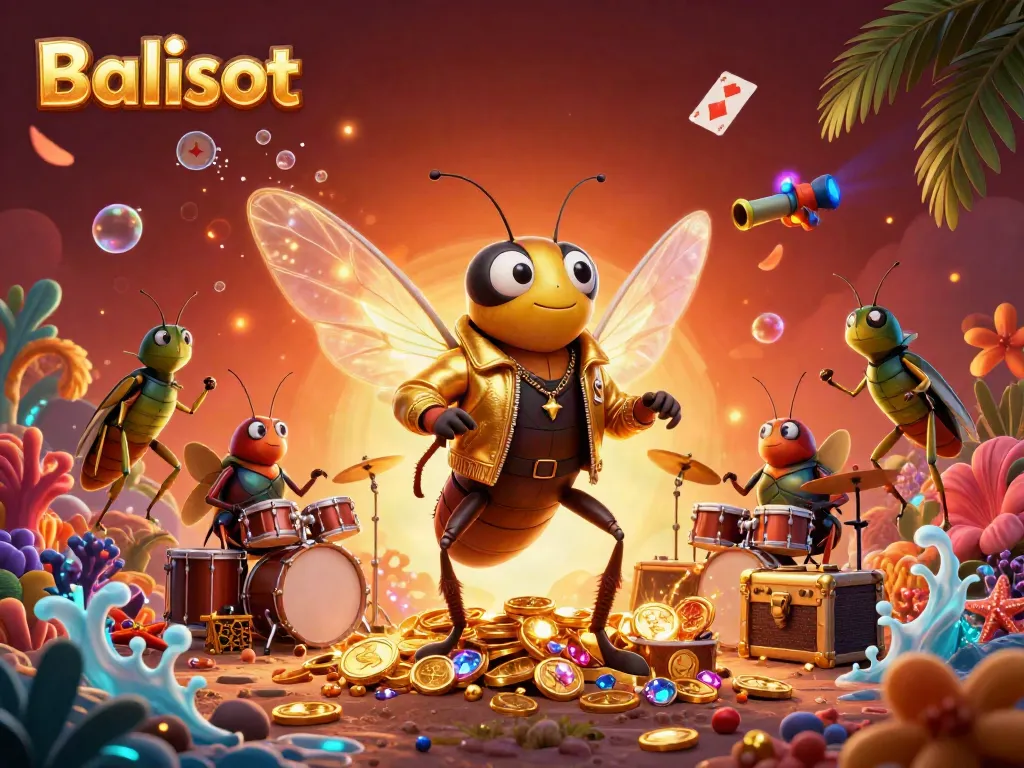 Balislot enhances gaming excitement with a vibrant 3D cartoon scene featuring a cicada rock star and treasure elements.