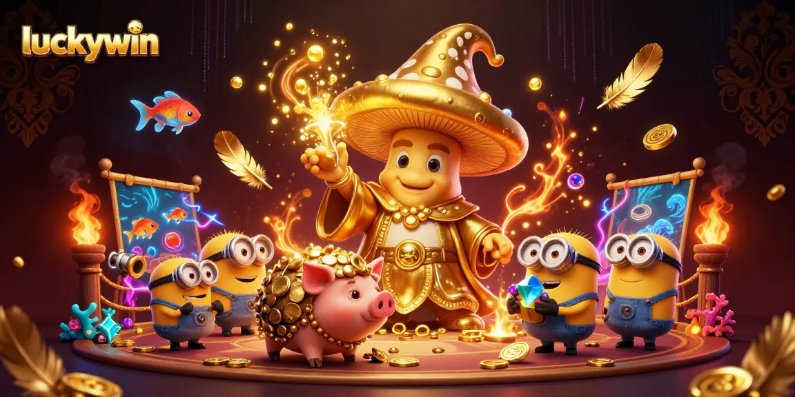 Engage in exhilarating gameplay with luckywin in a vibrant 3D treasure-filled illustration.