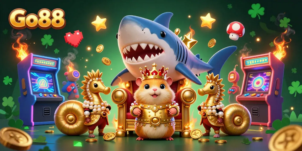 Experience the excitement of Go88 as a golden hamster king reigns over a vibrant casino world filled with arcade games and rewards.