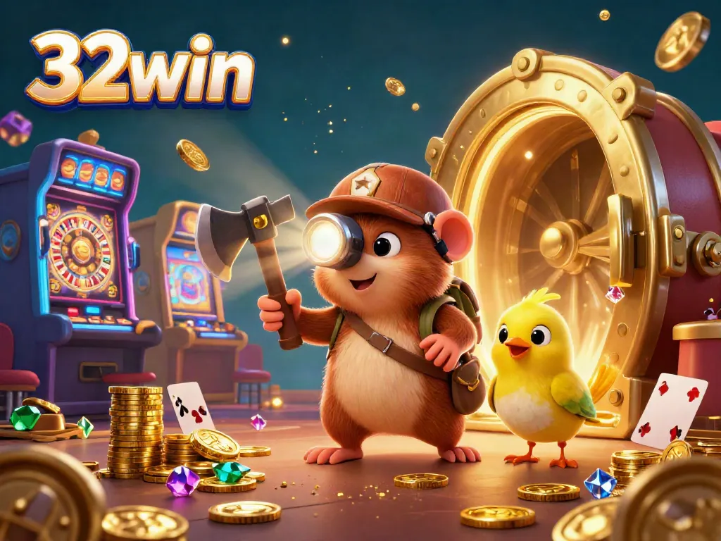 32win ignites excitement in a vibrant casino scene, showcasing thrilling slot machines and playing cards.
