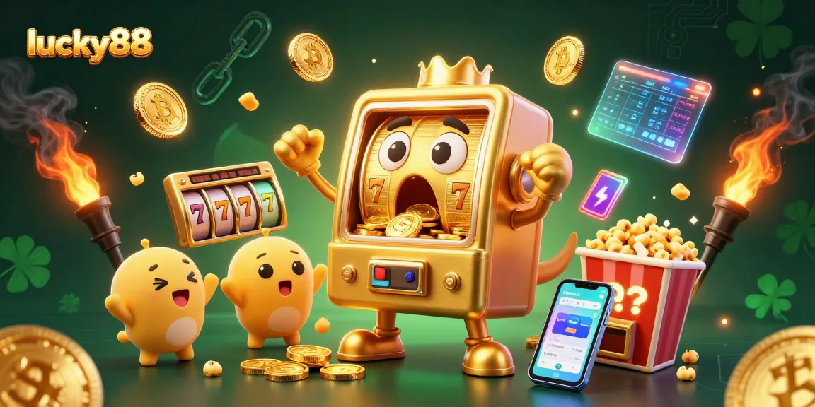 Spin to win with lucky88: A vibrant golden slot machine celebrating its jackpot amidst cheering mini slots.