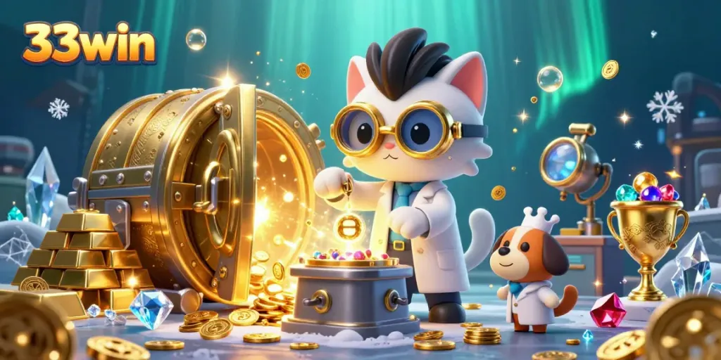 Engage with 33win in a vibrant illustration featuring a mad scientist cat and assistant amidst gold-rich casino elements.