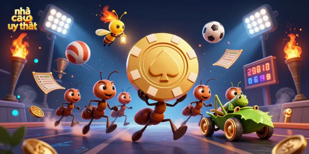 Engage in exciting gameplay with nhà cái uy tín showcased in a dynamic 3D casino scene featuring ants and sports elements.